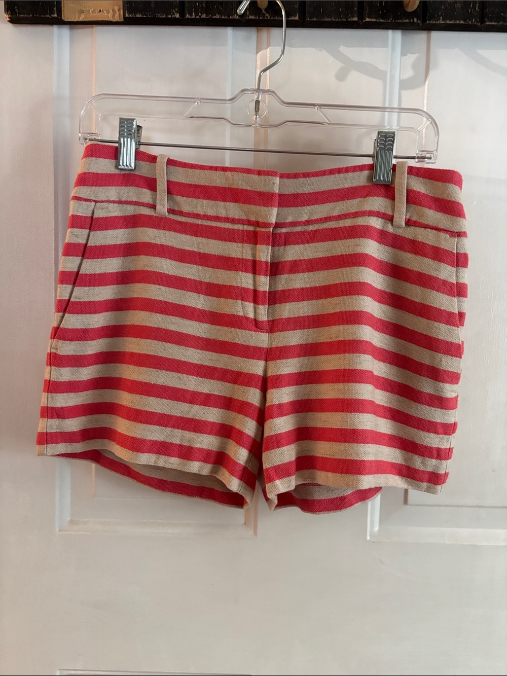 LOFT Coral Pink and Cream Striped High-Waist Shorts